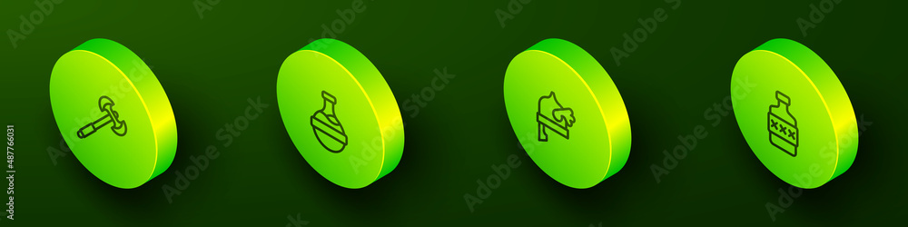 Set Isometric line Medieval poleaxe, Bottle with potion, Viking in horned helmet and Whiskey bottle icon. Vector Set Isometric line Medieval poleaxe, Bottle with potion, Viking in horned helmet and Whiskey bottle icon. Vector