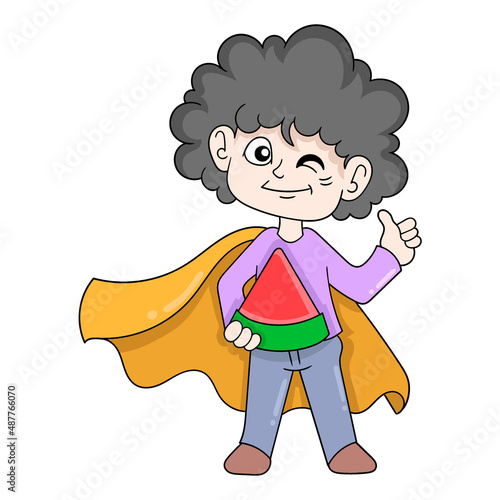 boy is happy carrying a piece of fruit watermelon, doodle icon image kawaii