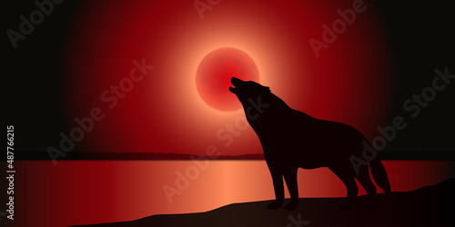 Silhouette of a wolf howling at night at the big red moon. Vector illustration.