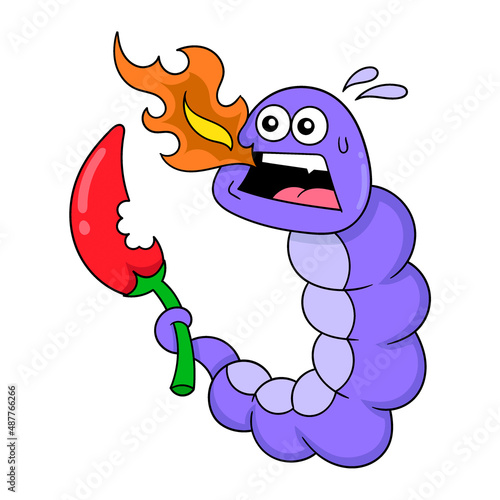 leaf caterpillar is eating chili too spicy, doodle icon image kawaii