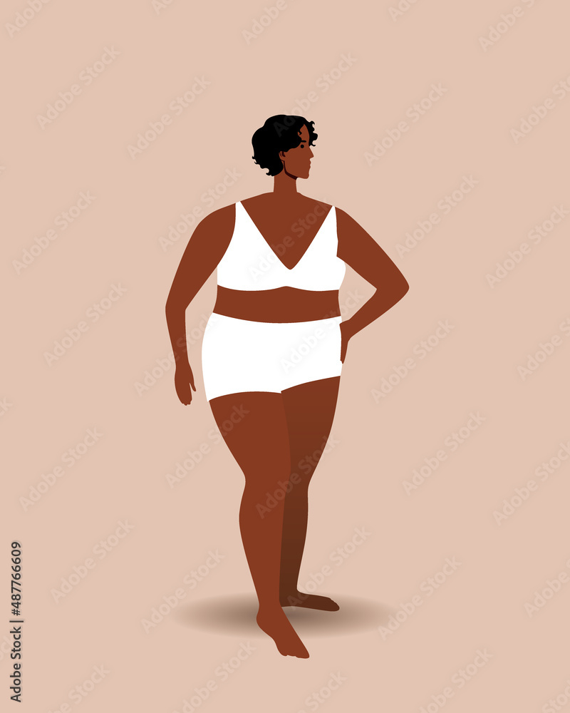 Young woman plus size in underwear insulated, flat vector stock illustration with natural overweight body as beauty Young woman plus size in underwear insulated, flat vector stock illustration with natural overweight body as beauty