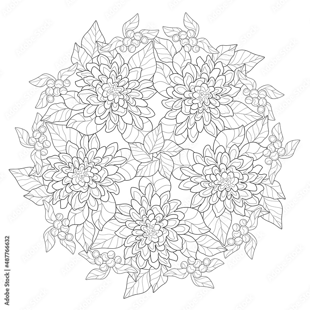 Decorative mandala with flowers and leaves on a white isolated background. For coloring book pages. Decorative mandala with flowers and leaves on a white isolated background. For coloring book pages.