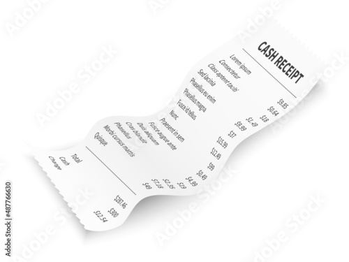 Cash receipt. Realistic paper print of purchases bill