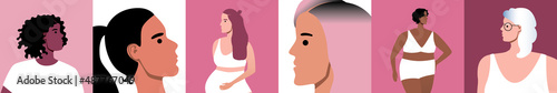 Body and face of women, variety of appearances like collage, flat vector stock illustration from different ages, figure