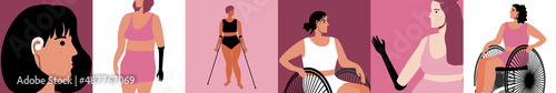 Inclusive women like collage, flat vector stock illustration with variety of appearances of deaf people with disabilities, wheelchair, prosthesis