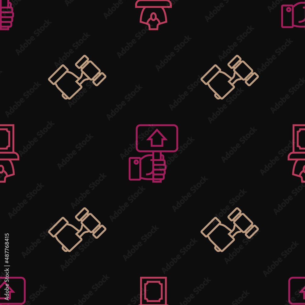 Set line Auction jewelry sale, hammer and Hand holding auction paddle on seamless pattern. Vector Set line Auction jewelry sale, hammer and Hand holding auction paddle on seamless pattern. Vector