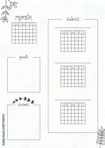 Printable A4 paper sheet, bullet journal page with hand drawn flowers and month planner blank and to fill fulfilled habits. Cute planner for habit tracker, daily planner template, blank for notebook.