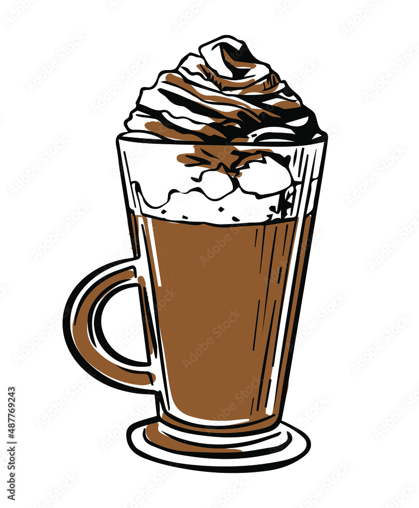 Vector sketch latte with foam in brown tones