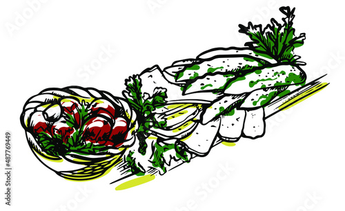 Vector illustration of Ukrainian cuisine. Pickles and cuts sketch: pickled tomatoes, sour cucumbers, cold cuts and parsley