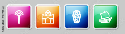 Set line Egyptian fan, house, mummy in sarcophagus and ship. Colorful square button. Vector