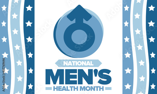 National Men's Health Month in June. Celebrated in United States. Educational program that teaches you how to work on your body. Healthy eating, exercise and disease prevention. Medical vector poster