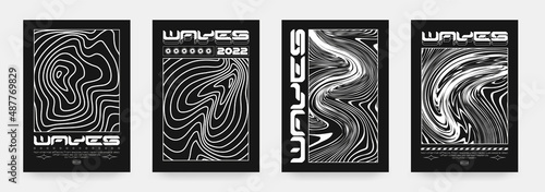 Collection of modern abstract posters with optical waves. In techno style, psychedelic design, prints for T-shirts and hoodies. Isolated on black background photo