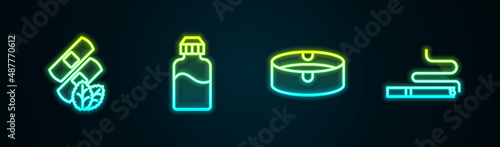 Set line Medical nicotine patches, Vape liquid bottle, Ashtray and Cigarette. Glowing neon icon. Vector