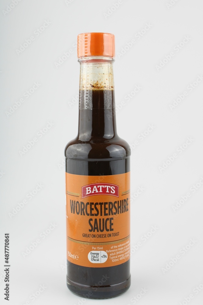 Bottle of Lidl Batts Worcestershire sauce isolated with copy space. 17