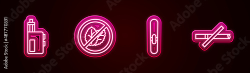 Set line Vape mod device, No tobacco leaf, Cigar and smoking. Glowing neon icon. Vector