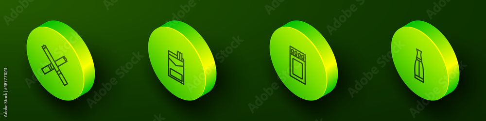 Set Isometric line Cigarette, Cigarettes pack box, Matchbox and matches and Vape liquid bottle icon. Vector Set Isometric line Cigarette, Cigarettes pack box, Matchbox and matches and Vape liquid bottle icon. Vector