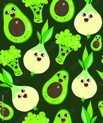 Vector pattern from a set with vegetables. Avocado  hot chili pepper  carrots  finocchio and mushrooms with broccoli. Suitable for printing on fabric  T-shirts and wallpaper.