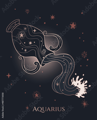 gold illustration of amphora with water on black background, aquarius zodiac sign