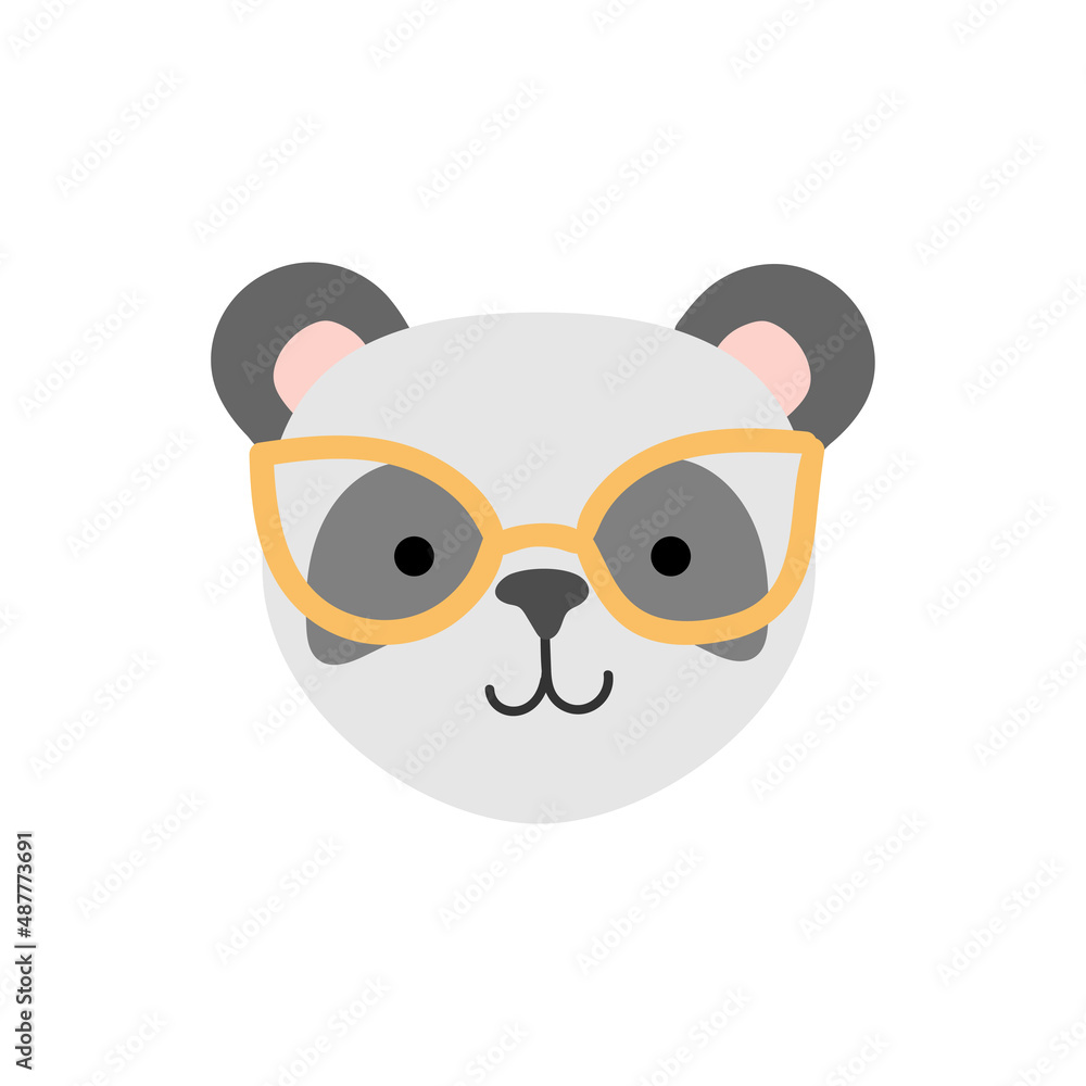 Fototapeta premium Hand drawn cute panda. Childish animal white bear with grey eyes and pink ears and golden glass.