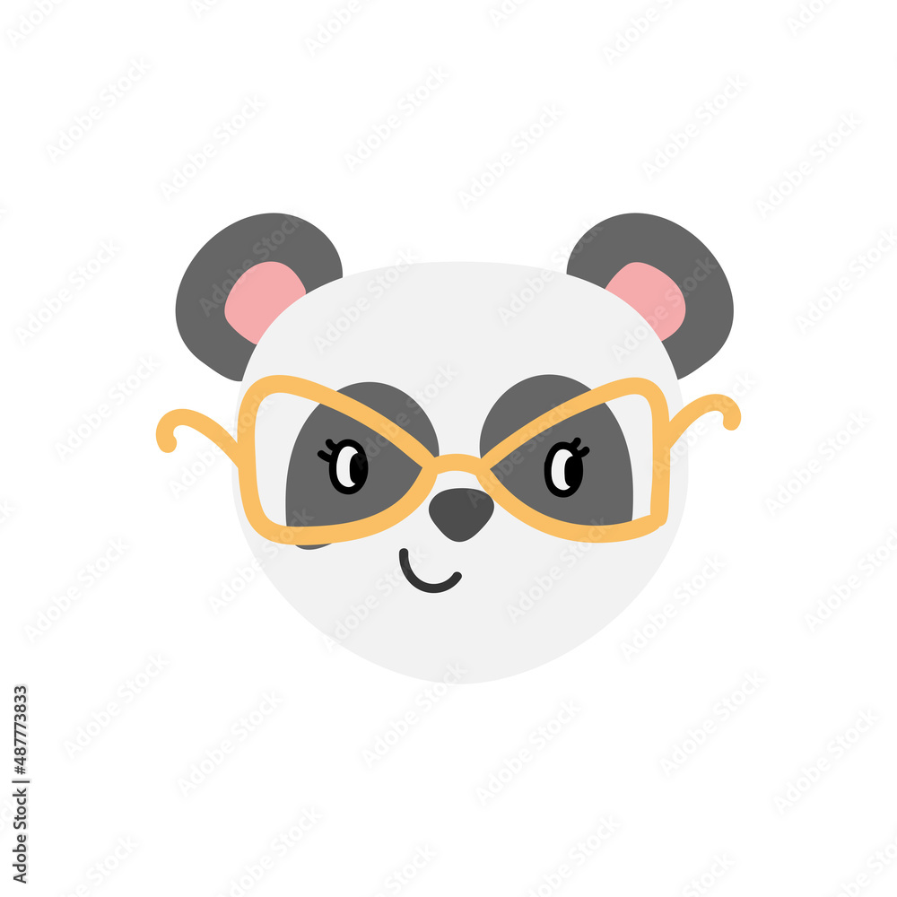 Hand drawn cute panda. Childish animal white bear with grey eyes and pink ears and golden glass.