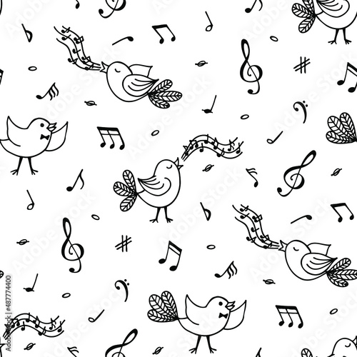 Seamless vector pattern for textiles and packaging. Singing birds and notes.