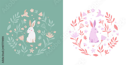 Cute bunny design with bird, flowers, leaves and festive elements for invitation card, poster, postcard and present. Vector illustration