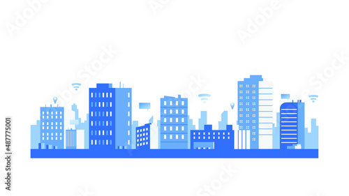 silhouette blue smart city building in flat illustration vector, urban cityscape design for background