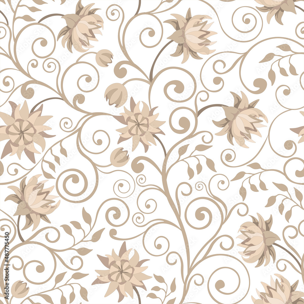 Damask style hand drawn swirl pattern, flowers, white background. Seamless pattern, vector. Damask style hand drawn swirl pattern, flowers, white background. Seamless pattern, vector.