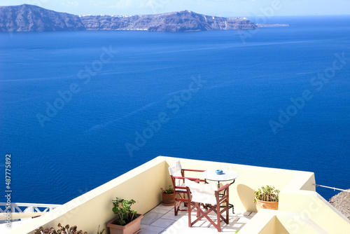 Cafe terrace with sea view in Santorini, Greece