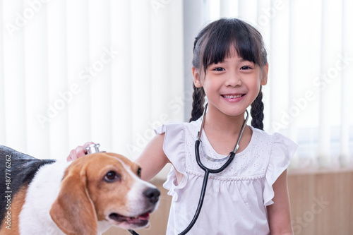 Fototapeta Naklejka Na Ścianę i Meble -  Asian girl playing roll as veterinary doctor with her dog in  the animal hospital.