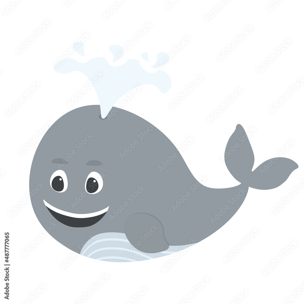 Cute little whale smiles. Children's vector illustration in cartoon style. Children's room decoration, print design for children's clothing. Greeting card design for girl or boy. Gray, blue and white. Cute little whale smiles. Children's vector illustration in cartoon style. Children's room decoration, print design for children's clothing. Greeting card design for girl or boy. Gray, blue and white.