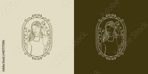 PrintFeminine line art woman logo design. Feminine logo concept with floral and woman element. Beauty hand drawn logo design