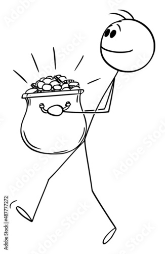 Lucky Person Holding Pot of Gold or Money , Vector Cartoon Stick Figure Illustration