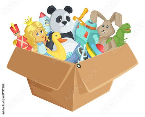 Toy box. Cardboard package full of kid playthings