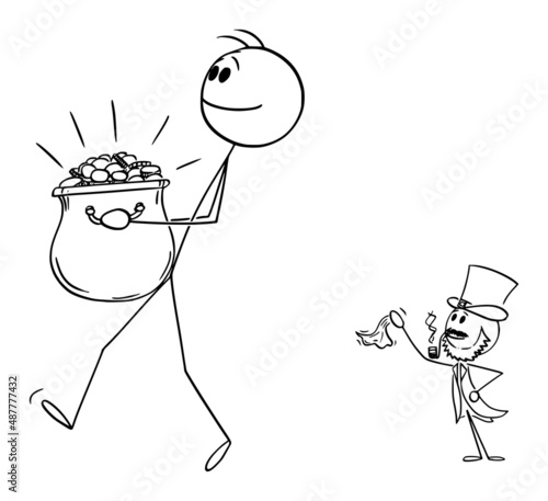 Person Holding Gold Treasure from Irish Leprechaun, Vector Cartoon Stick Figure Illustration