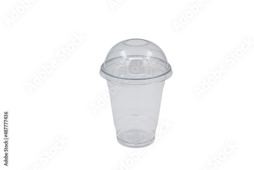 Plastic glass with a button for drinks on a white background