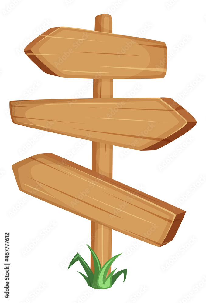 Wooden signpost. Cartoon direction pointer with empty arrow boards Wooden signpost. Cartoon direction pointer with empty arrow boards