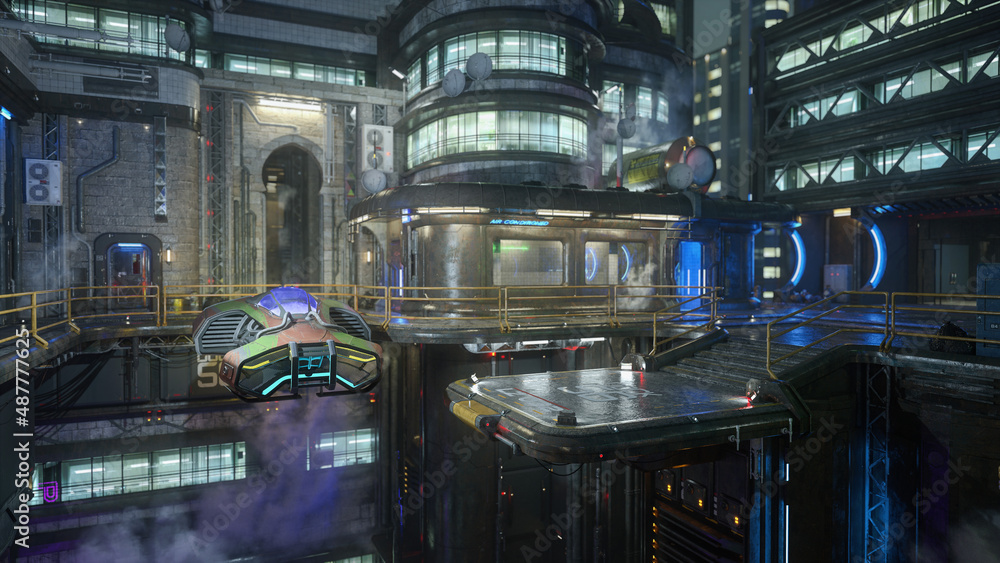 High rise futuristic cyberpunk urban environment with flying car hovering near a docking platform. 3D rendering. High rise futuristic cyberpunk urban environment with flying car hovering near a docking platform. 3D rendering.