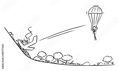 Aircraft Crashed in Accident, Pilot Parachuted , Vector Cartoon Stick Figure Illustration