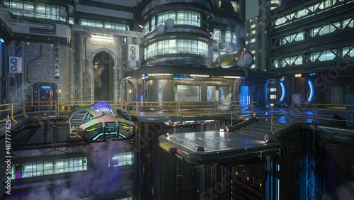 High rise futuristic cyberpunk urban environment with flying car hovering near a docking platform. 3D rendering. © IG Digital Arts