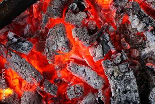 Close up of hot coals burning in a fire.