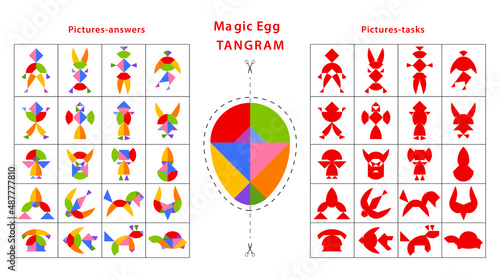 Set of tangram puzzles (geometric puzzle) for development of logical thinking of children. Collection of 20 items created using parts from Magic Egg. Cards with tasks and answers. Vector illustration