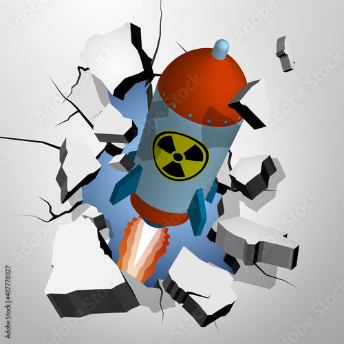 flying combat atomic rocket punched through the wall and breaks into shards, cracks on wall. Attacking a target with military weapon. Vector