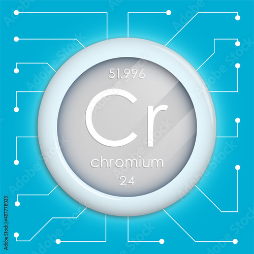 Realistic button with chromium symbol. Chemical element is chromium. Vector isolated on white background