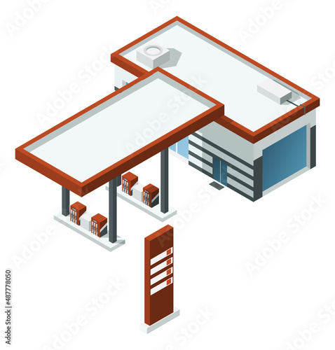 Gas station isometric building. Car fuel refill