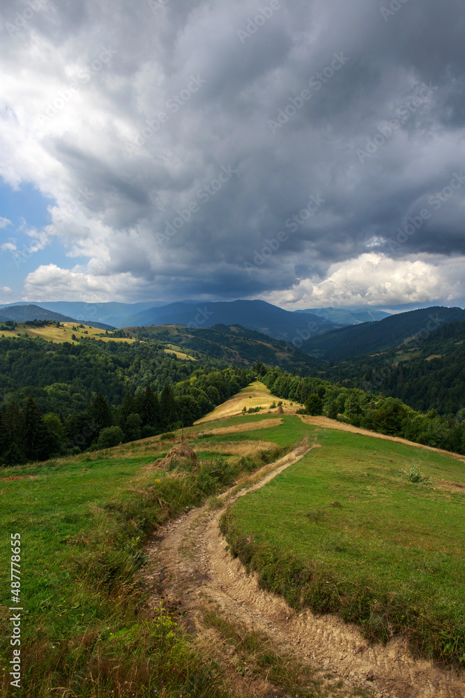 Road is high in mountains, fields, forests and farmland on background of blue sky, Carpathians, Ukraine