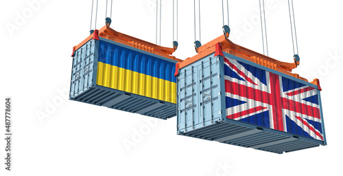 Freight containers with United Kingdon and Ukraine national flags. 3D Rendering  photo