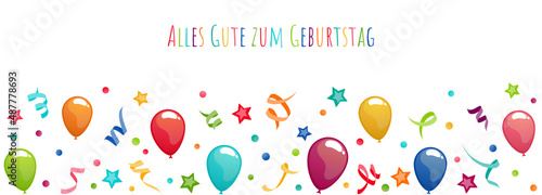 birthday greetings banner with balloons, confetti and streamers