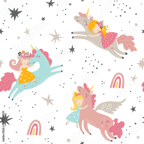 Vector seamless childish pattern with princess, unicorns, stars, rainbow and other elements. Fairy hugging unicorn vector illustration. Seamless pattern with cartoon princess for kids, girl.