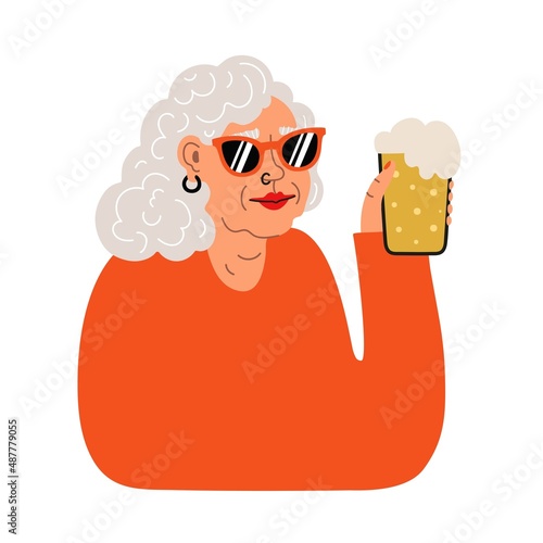 Vector illustration with cheerful smiling old woman and beer glass. Colored inspirational typography poster with grandmother, apparel print, greeting card design
